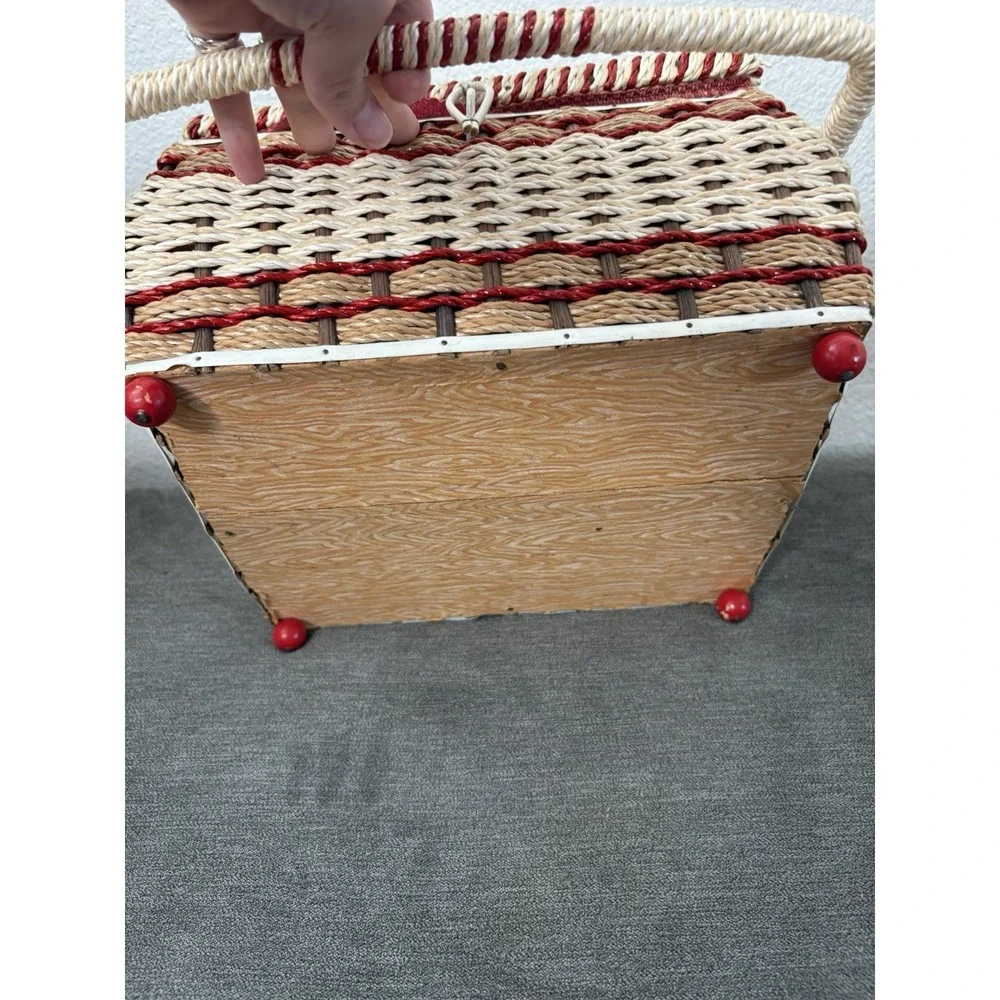 Vintage German Wicker Sewing Basket With Red Satin Lining W/ Sewing Accessories